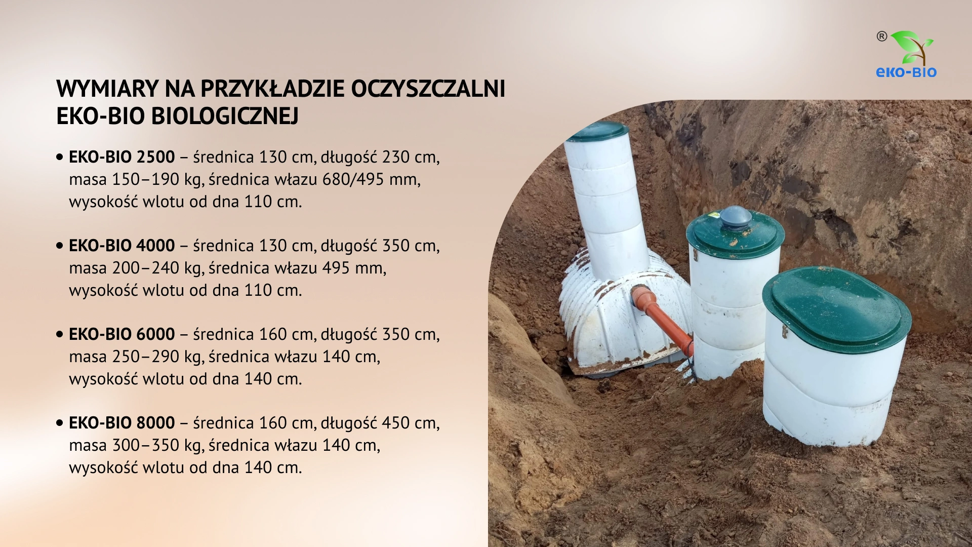 Wymiary na przykładzie oczyszczalni EKO-BIO biologicznej